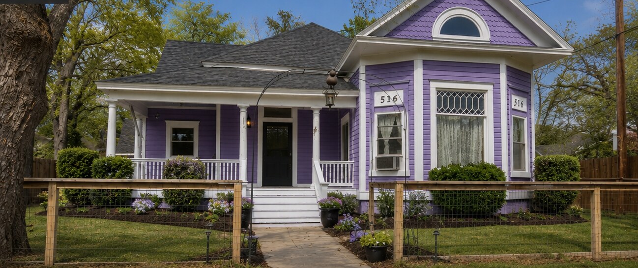 Same Victorian home restored in a vibrant violet and white color scheme