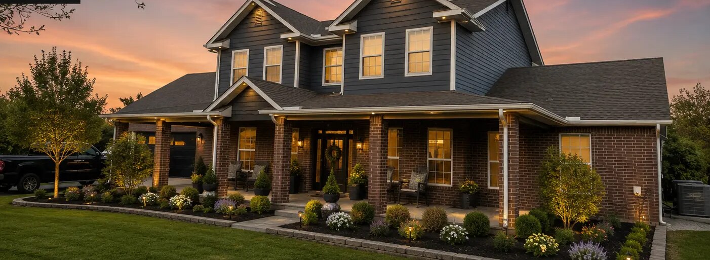 Same home at sunset after a repaint with refreshed siding, brick, and porch accents