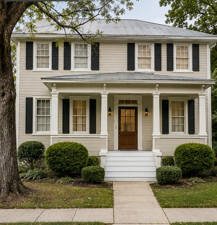 Historic home exterior painted in a soft limestone tone with crisp white porch columns