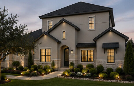 Contemporary transitional exterior painted greige with dark gray trim