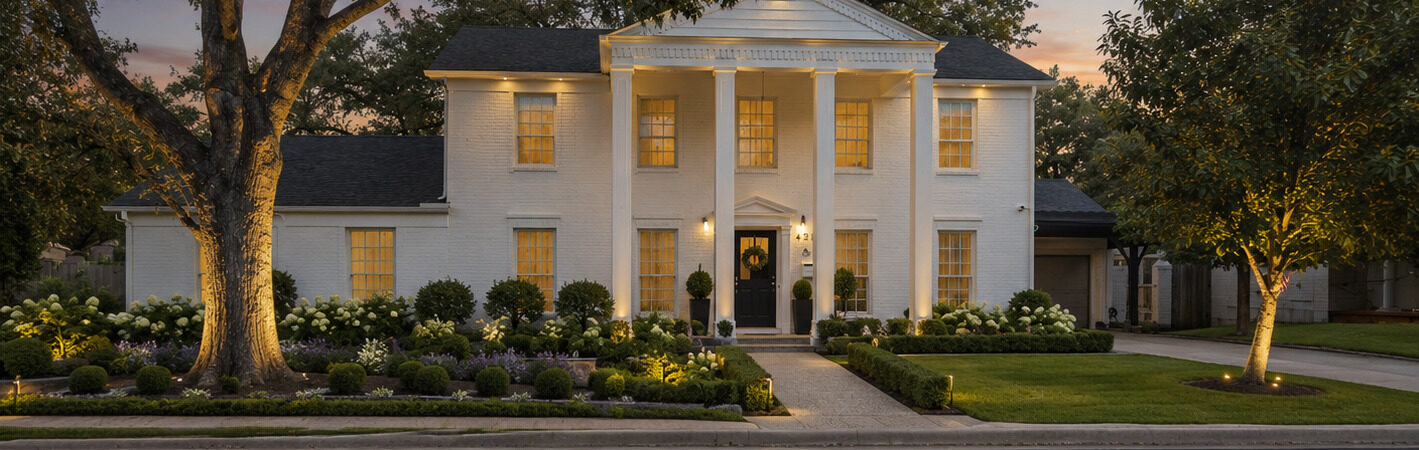 Two-story colonial home after a full exterior repaint with fresh white brick and dark shutters