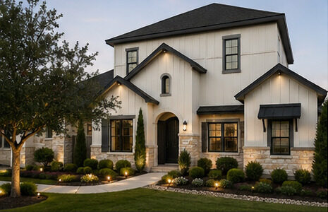Modern farmhouse exterior painted warm white with black trim and awnings