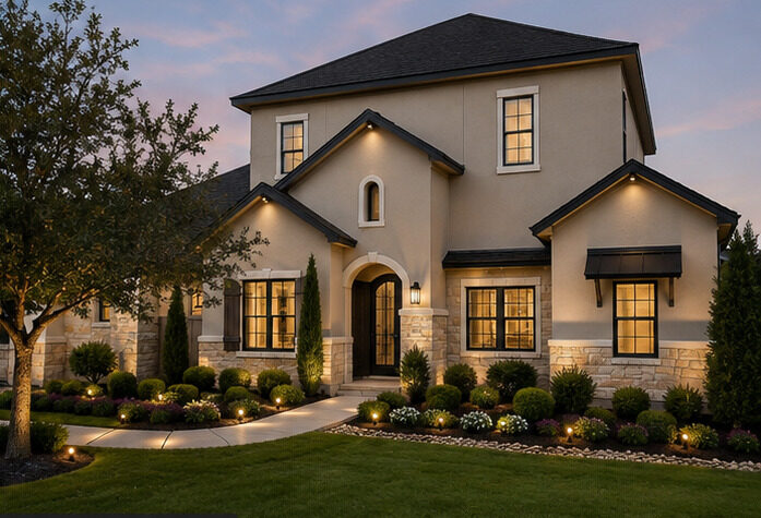 Residential exterior repainted with fresh stucco color and dark trim