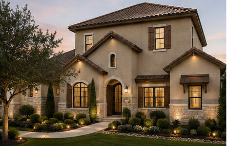 Property exterior painted in sand beige with dark bronze trim and clay roof accents